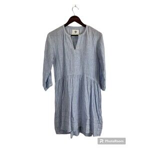 Pomegranate Womens Linen Blue White Pinstripe Size XS Dress Summer Oversized H3
